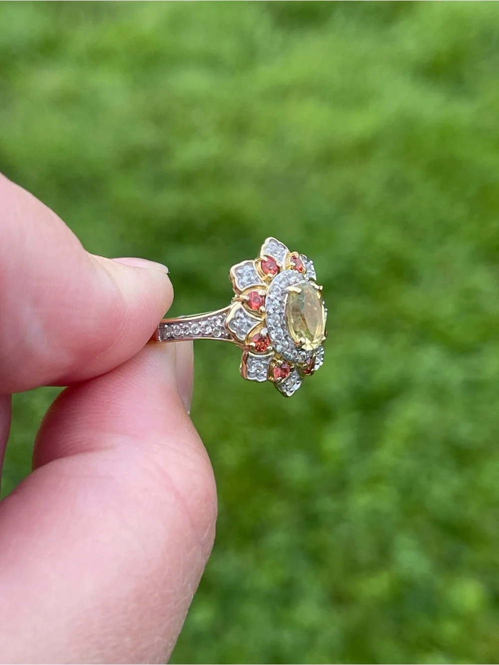 Heliodor and Red Sapphire Floral Ring